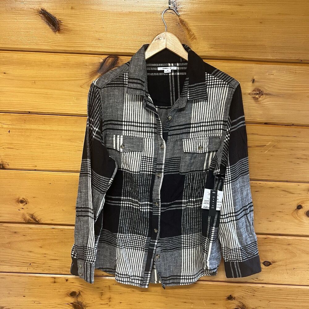 O'Neill Plaid Flannel Button Front Pockets Collared Black White M NWT Shirt